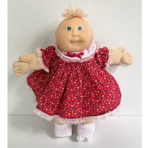CABBAGE PATCH KIDS Doll Vintage 16" Blonde Patch Hair Red Floral Dress Set Socks